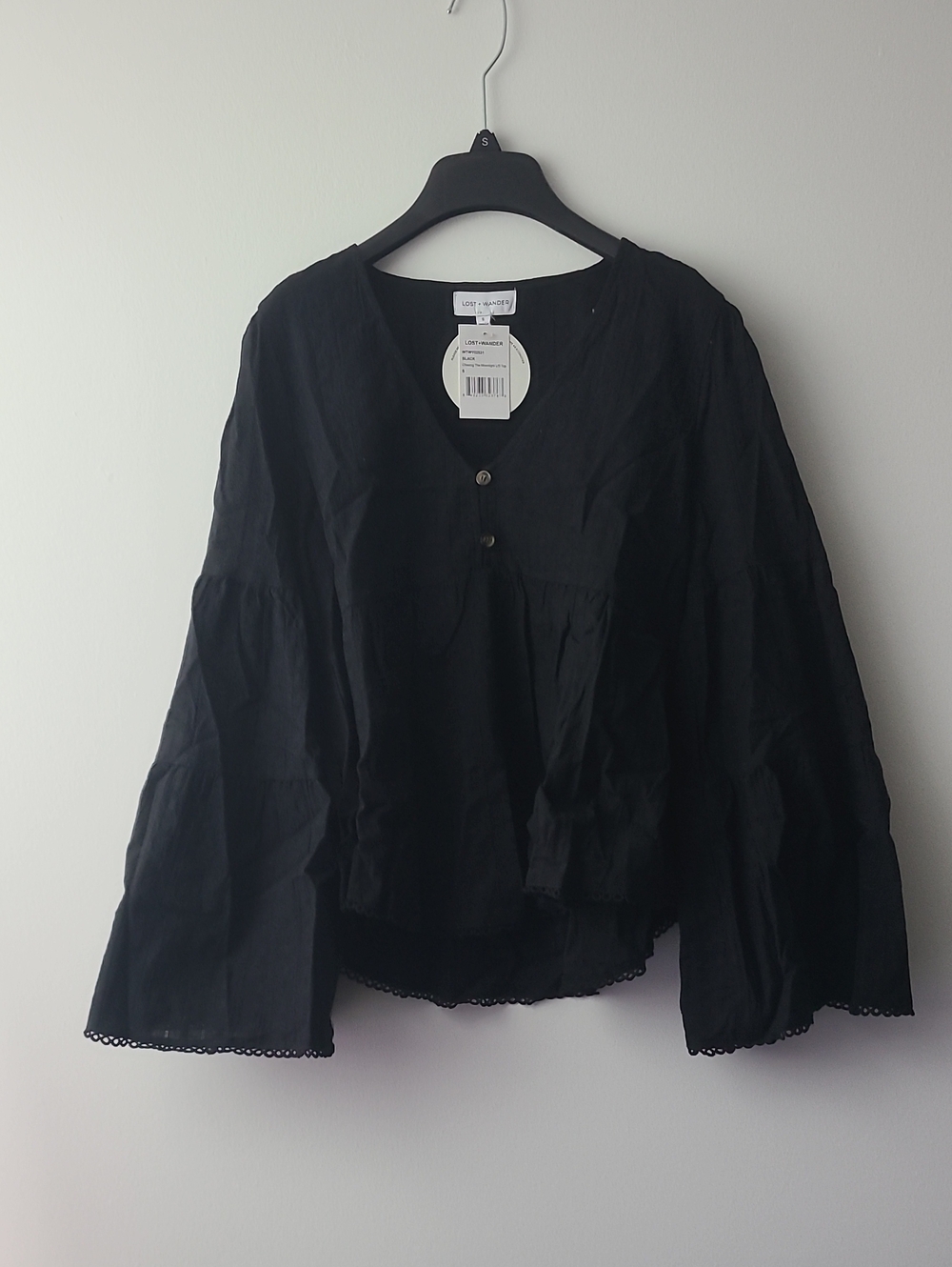 Lost + Wander Black V-Neck Peasant Blouse Womens Size Small